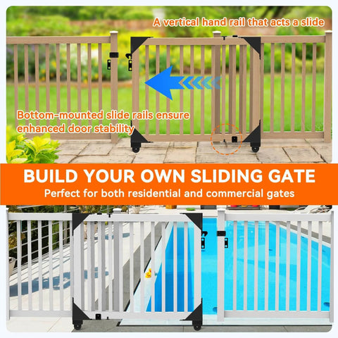 Black Sliding Gate Hardware Kit showing installation on wooden fence with anti sag design and nylon wheels near pool and porch.