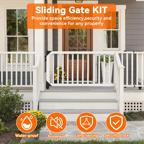 Black Sliding Gate Hardware Kit installed on white porch gate, showcasing anti sag design and smooth nylon wheels for wooden fences.