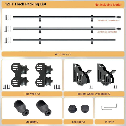 12 Foot Sliding Library Ladder Hardware Kit For Black Retractable Rolling Ladder With Braking Casters Adjustable Upright Position Max Load 300 Pounds No Ladder Included All In One Kit For Easy Weekend Installation components displayed.
