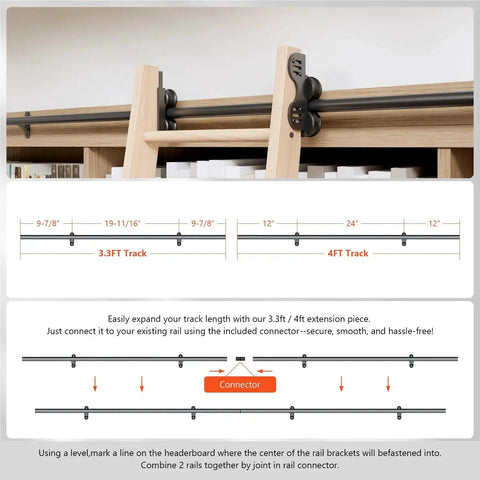 12 Foot Sliding Library Ladder Hardware Kit For Black Retractable Rolling Ladder With Braking Casters Adjustable Upright Position Max Load 300 Pounds No Ladder Included All In One Kit For Easy Weekend Installation, showing a rail track diagram and wooden library shelves.
