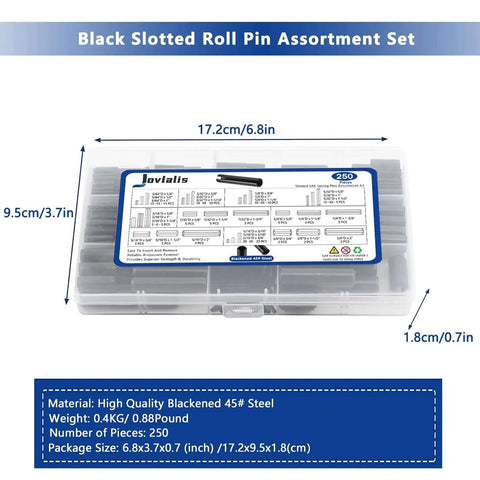 250 Pcs Roll pin Assortment box showing dimensions and material details