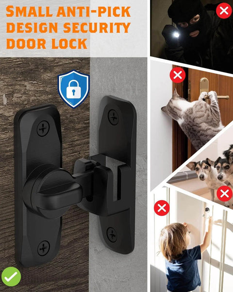 Black 90/180 Degree Barn Door Lock on wood surface with anti-pick security feature, installation examples preventing unauthorized access.