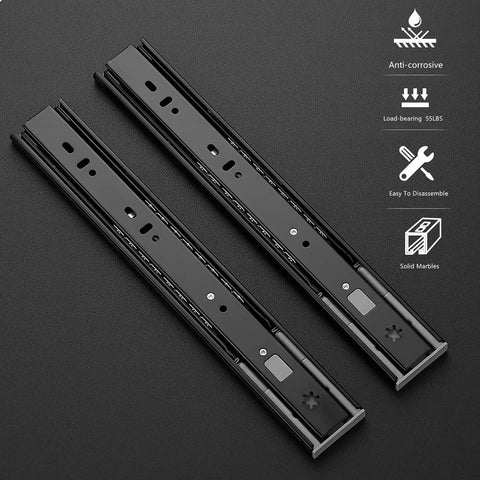 12 Inch Soft Close Drawer Slides 1 Pairs 2 Pack Black Full Extension Ball Bearing Drawer Glide Side Mount shown on dark background