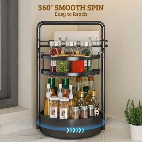 Rotating Spice Rack With Paper Towel Holder 2 Tier Lazy Susan Turntable for Kitchen Countertop, Black Finish, 360 Degree Rotation