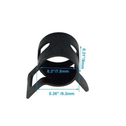 Close-up of a black spring band hose clamp, 50 Pack Black Spring Band Hose Clamps Set Pliers Friendly Easy To Use 8.5 To 9.2 Mm OD Fit 65Mn Steel With Black Oxide Finish Wear Resistant And Corrosion Proof Great For Air Hoses Water Pipes Fuel Lines And Vacuum Hoses, with measurements of 0.3"/7.8mm and 0.36"/9.3mm visible.