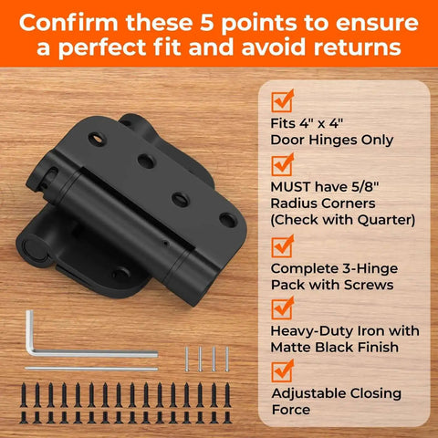 3 Pack Self Closing Door Hinges 4 Inch Black Spring Hinge With 5 Eighths Inch Radius Corner Adjustable Tension