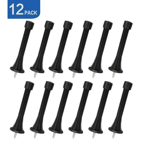 12 Pack Black Spring Door Stops,3-1/8" Heavy Duty - Flexible Door Stopper with Low Mounted Black Rubber Bumper Tips