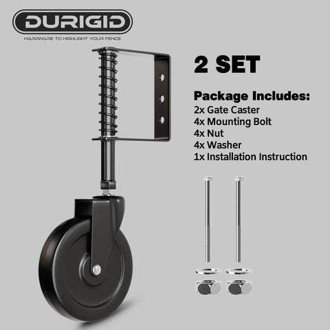 5 Inch Spring Loaded Gate Wheel Caster For Outdoor Gates And Fences, black PP wheel with shock absorbing spring, 2 set included