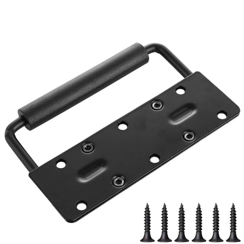 Spring Loaded Handle Set 4.9 Inch Heavy Duty Surface Mount Chest Handles With Rubber Grip Durable Cast Iron Construction Featuring Rust Resistant Black Coating Includes 12 Handles And 48 Screws For Toolbox Chest Or Cabinet Applications, shown with screws.