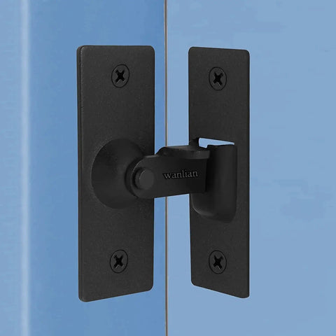 Barn Door Lock Set With 90 Degree Black Stainless Steel Sliding Latch And Right Angle Lock Flip Door Buckle installed on blue door
