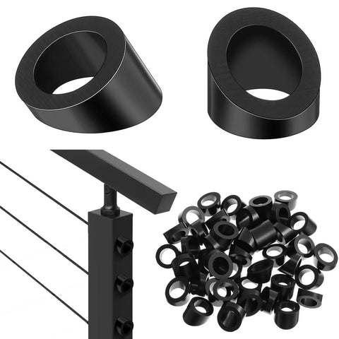 30 Degree Bevel Washer For Cable Railing In Black Stainless 3 Eighths Inch Bore shown in multiple views and cable installation.