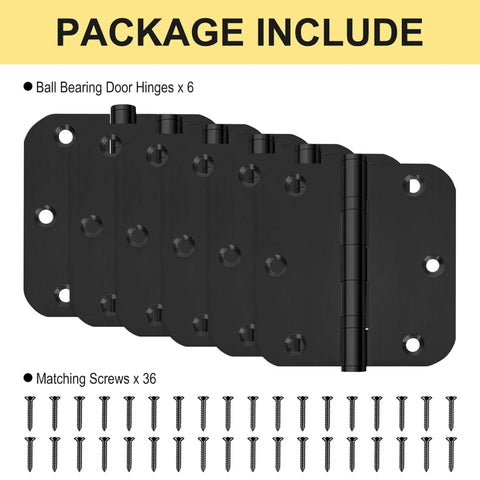 Package contents showing 6 Pack 3.5 Inch Heavy Duty Stainless Steel Ball Bearing Door Hinges and 36 screws.