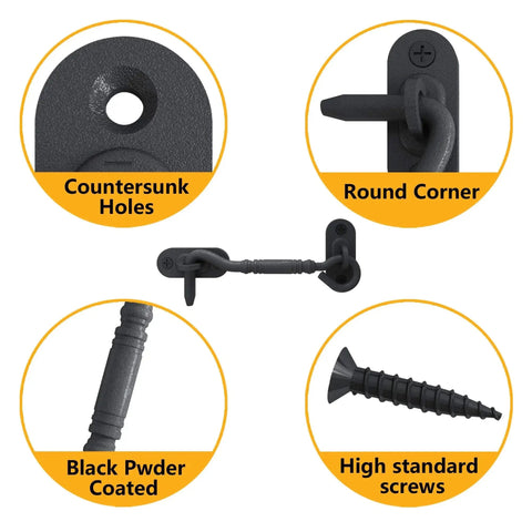 4 Inch Privacy Hook Latch for Sliding Barn Door in Black Stainless Steel, close-up of components and installation features