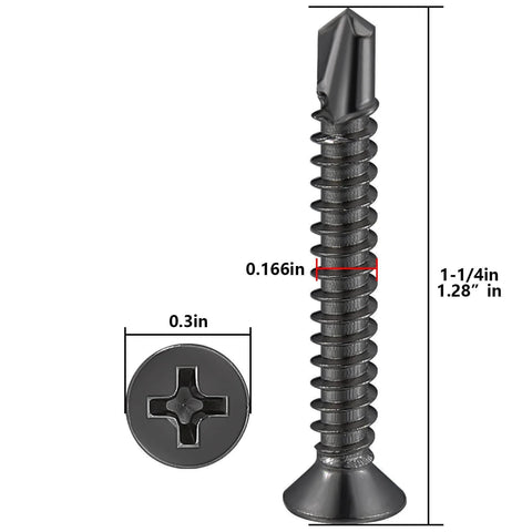 250pcs #8 x 1-1/4 Inch Flat Head Self Tapping Sheet Metal Screws Black Stainless Steel High Strength with Deep Threads