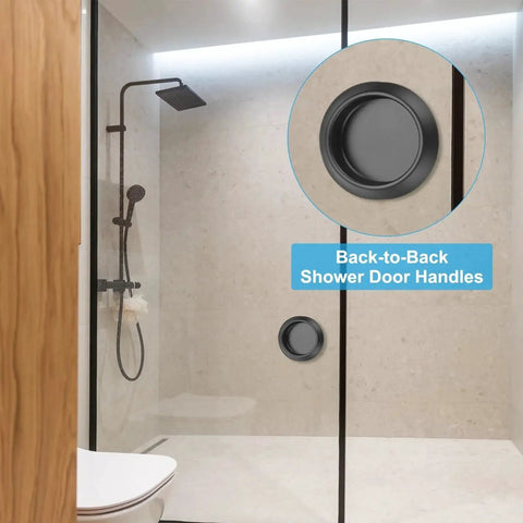 Round Glass Shower Door Handles Back-To-Back In 304 Stainless Steel Black shown installed on a sliding shower door.