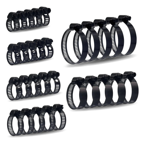 30 Pieces Black Hose Clamps Set With 6 To 51 Millimeters Adjustable Range 304 Stainless Steel Worm Gear Hose Clamps Assortment Kit Six Sizes For Plumbing Automotive And Mechanical Applications displayed in various sizes.