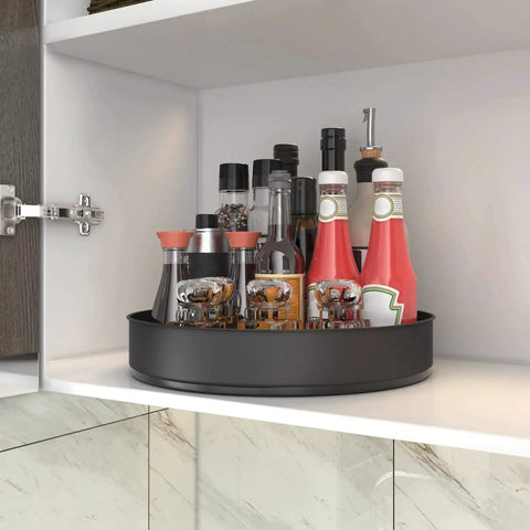 Stainless Steel Lazy Susan Turntable For Pantry Cabinet And Kitchen Organization, 7.5 Inch Spinning Rack For Spices, Snacks, And Bathroom Storage, Black Finish, Rustproof 304 Stainless Steel With Rimmed Edge To Prevent Slips displaying spice bottles
