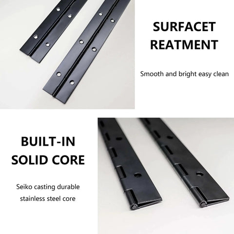Close-up of 4 Pack 12 Inch Black Stainless Steel Continuous Piano Hinges for Cabinet Doors Woodworking Furniture with smooth finish.