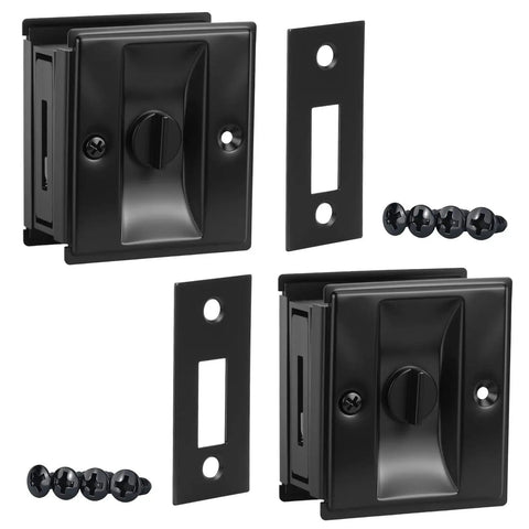 Stainless Steel Black Pocket Door Lock With Pull Durable Reversible Sliding Door Hardware For 1 3 8 Inch Thick Doors Easy Install And Privacy Protection Non Handed Design Two Pack shown disassembled with screws.