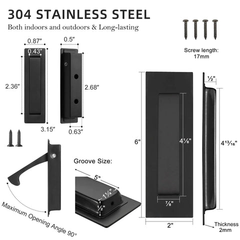 Matte Black Stainless Steel Pocket Door Pull And Edge Pull Set for recessed sliding doors with flush finger edge dimensions and specifications