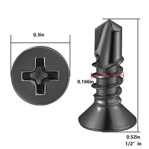 Close-up of 600pcs #8 x 1/2 Inch Flat Head Self Tapping Sheet Metal Screws Black Stainless Steel showing measurements and details