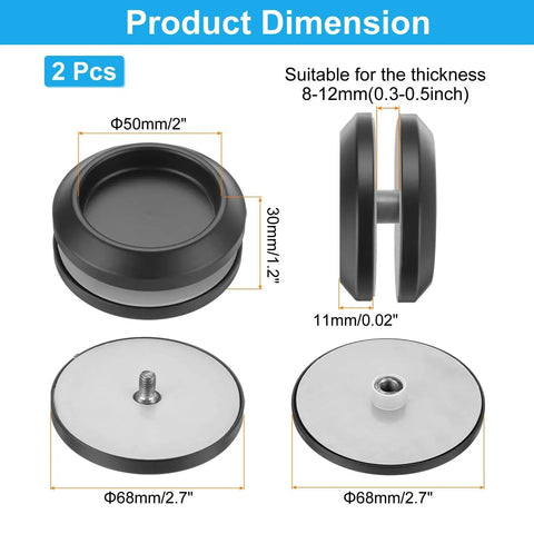 Round Glass Shower Door Handles Back-To-Back In 304 Stainless Steel Black, 2-Pack, dimensions shown suitable for 8-12mm glass