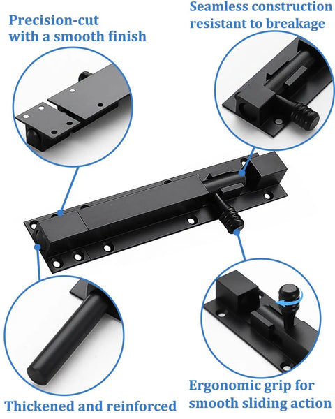 Heavy duty 6 inch slide bolt gate latch made from solid 304 stainless steel with a black electroplating finish, close-up view.