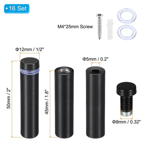 16 Pack Stainless Steel Sign Standoff Screws 1/2 X 2 Inch Black Wall Mounting Hardware with M4 Screws and Expansion Tubes