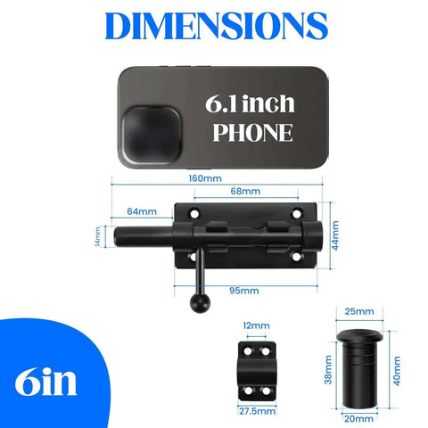 Dimensions of Heavy Duty 6.3 Inch Gate Latch Barrel Bolt Slide Lock with black finish for shed doors, 304 stainless steel, rustproof.