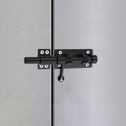 Close-up of Heavy Duty 6.3 Inch Gate Latch Barrel Bolt Slide Lock in Solid 304 Stainless Steel with Black Finish, Installed on Door