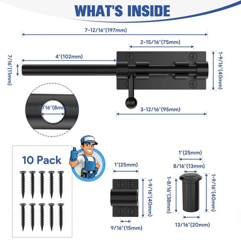 Diagram showing a Rugged 7.7 inch sliding bolt latch in 304 stainless steel with dimensions and included screws.