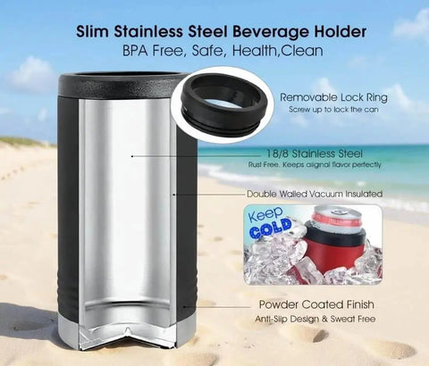 Custom Engraved Stainless Steel Can Cooler For 12 Oz And 16 Oz Cans, Vacuum Insulated With Anti Slip Grip, Beach Background