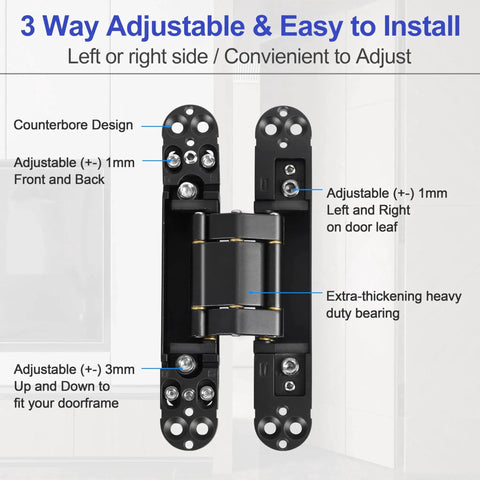 Two Kit Set Of 6 Inch Stainless Steel Hidden Door Hinges 3 way adjustable black design for thick doors