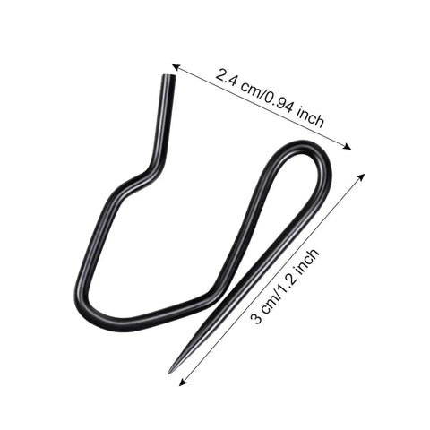 Close-up of a 120 Pack Metal Drapery Hooks for Curtains Pinch Pleat Hooks showing 1.2 inch black stainless steel hook with label dimensions