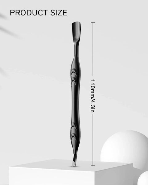 Black 2 In 1 Cuticle Pusher And Trimmer With Fork Stainless Steel Nail Care Tool shown with size dimensions