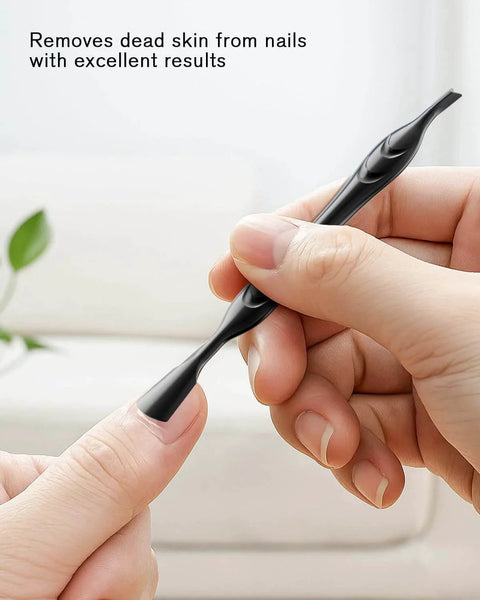 Person using 2 In 1 Cuticle Pusher And Trimmer With Fork Stainless Steel Nail Care Tool For Manicures And Pedicures Black