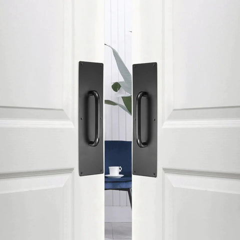 Two Piece 16 Inch Stainless Steel Door Handle Pull And Push Plate Set in brushed black installed on wooden doors in an office space.