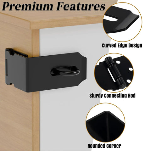 5 Inch Door Hasp And Latch 90 Degree Right Angle Heavy Duty Stainless Steel Padlock Hasp on wooden cabinet, black