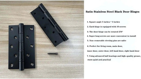 Heavy Duty Stainless Steel Door Hinges Built Like A Tank 5 Inch By 3 Inch Square Corner 304 Stainless Steel Ball Bearings Rust Proof Non Removable Pin 2 Pack For Interior And Exterior Doors with a screw on a wooden surface next to a product description.