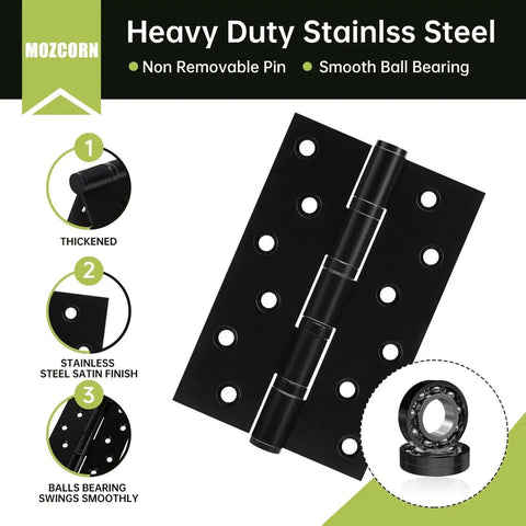 Six Pack Black Door Hinges 6 Inch Ball Bearing Heavy Duty Stainless Steel Hinges with square corner and screws close-up.