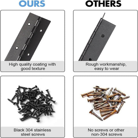 Comparison image of 2-Pack 12-Inch Black Stainless Steel Heavy Duty Continuous And Piano Hinges vs. other hinges and screws