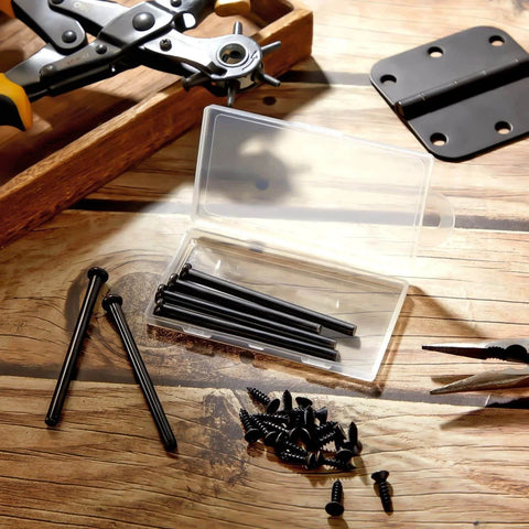 Six Pack Three Point Five Inch Hinge Pins For Doors Stainless Steel Replacement with screws on wooden surface