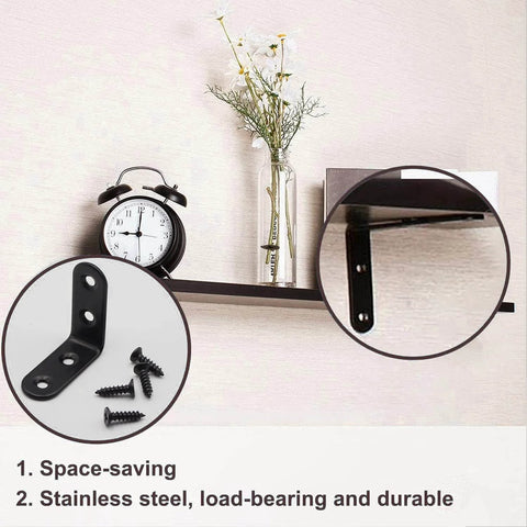 Shelf mounted with 20PCS L Bracket Corner Bracket,Black Small Right Angle Bracket for Wood Furniture Cabinet Chair(10PCS 0.79 Inch+10PCS 1.57 Inch with 60PCS Screws), highlighting space-saving design.