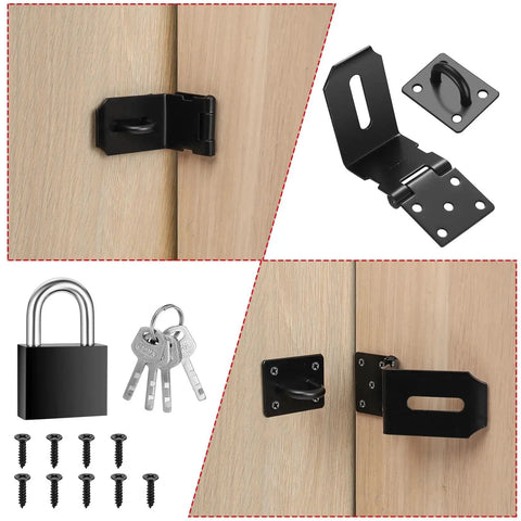 4 Inch 90 Degree Stainless Steel Padlock Hasps with Padlock and Keys Set shown on wooden cabinet doors