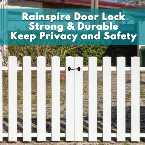 White picket fence with (2 Pack) Privacy Hook and Eye Latch for Barn Door, Stainless Steel Gate Latch Barn Door Lock in black, 4 inch.