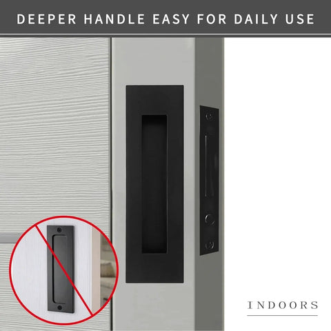 Recessed Finger Flush Pulls With Edge Pull For Pocket Doors And Sliding Closets, black rustproof stainless steel handle on door.