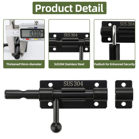 4 Inch Sliding Door Lock, SUS304 Stainless Steel Padlock-Style Gate Latch details, including thickness measurement and material