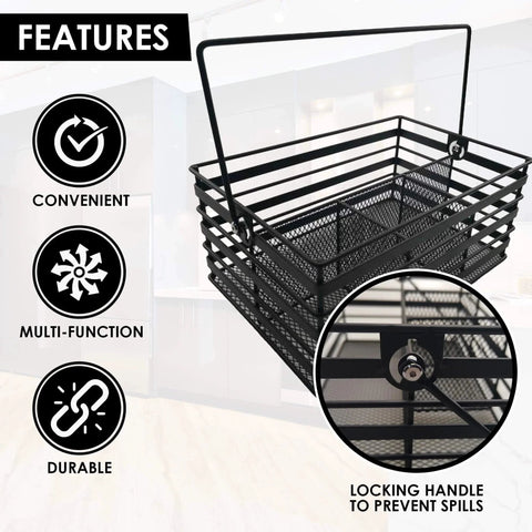 Stainless Steel Utensil Basket,Dishwasher , Flatware Basket, Kitchen, Countertop, Office, Camping, Outdoors, and Restaurants, 4-Compartment, Black with locking handle features