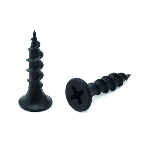 Two #8 x 3/4 Inch Black Phosphate Stainless Steel Wood Screws, Flat Truss Head Self Tapping Drywall Screws shown on a white background.