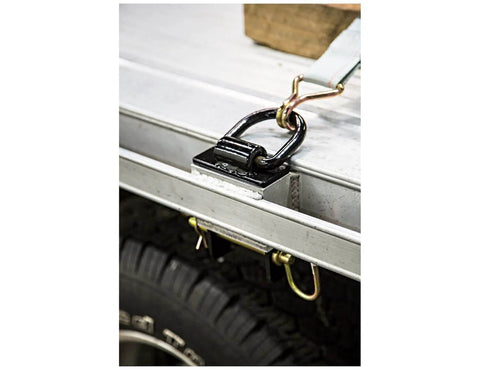 Stake Pocket D-Ring – 1/2 Inch Forged Steel D Ring with 2-1/2 Inch I.D., Black Powder-Coated Stake Pocket D Ring Tie Downs installed on truck